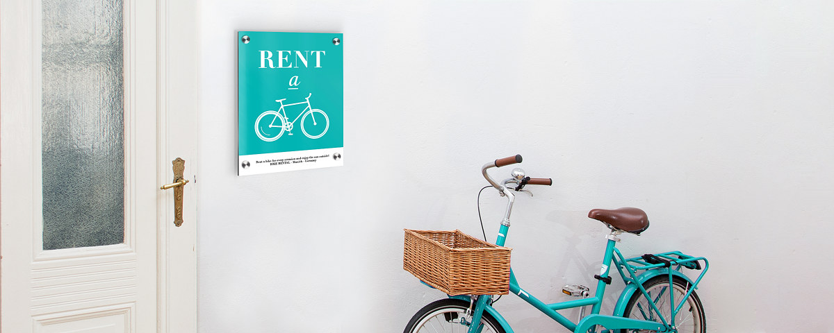 Firmenschilder Tuerkises Fahrrad Fahrradverleih Acrylglas Perspektive