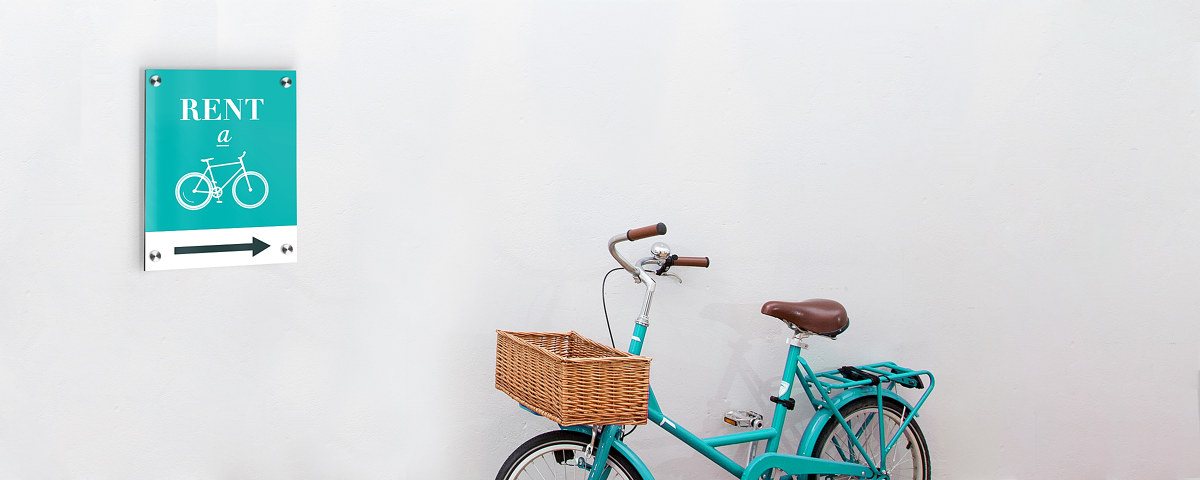 Hinweisschilder Tuerkises Fahrrad Fahrradverleih Acrylglas Perspektive