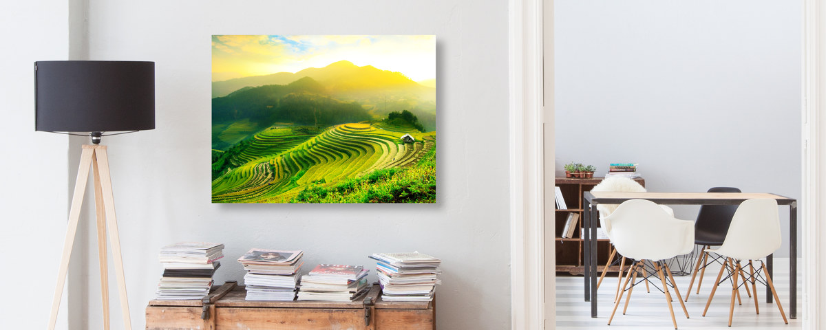 Champs de riz Chambre avec livres et lampes de face