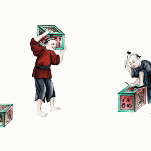 Chinesische Malerei von zwei Maennern mit Teekisten