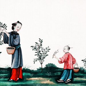 Chinesische Malerei mit Mutter und Sohn, die Teesprossen pfluecken