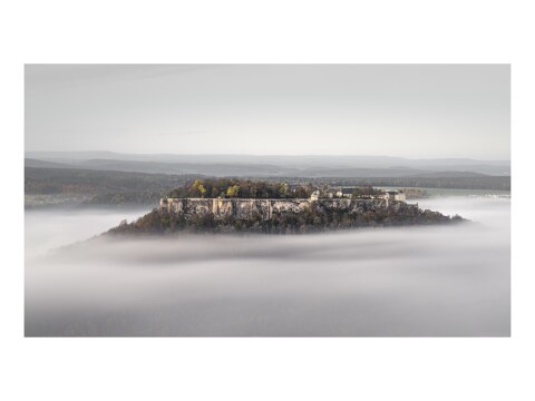 Burg Koenigstein im Nebel Elbsandsteingebirge