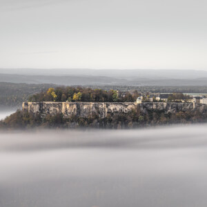 Burg Koenigstein im Nebel Elbsandsteingebirge